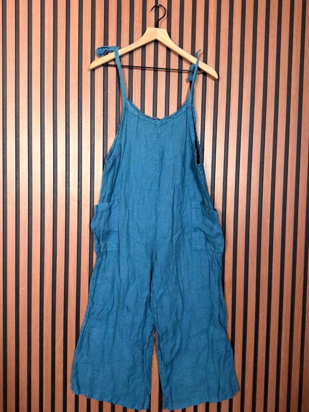 Meo Meli One Piece OS Womens Blue 100% Linen Shoulder Tie Up Wide Leg